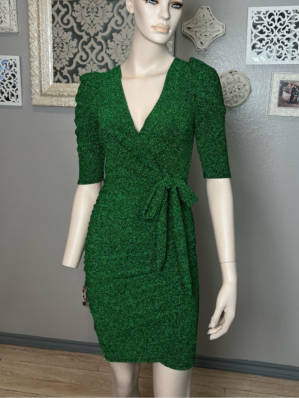 Women’s Metallic Green Wrap Knit Dress with Tie Waist